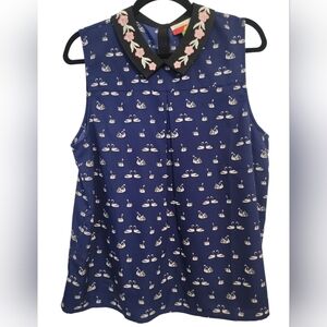 Navy Blue Swan Print Women's Blouse